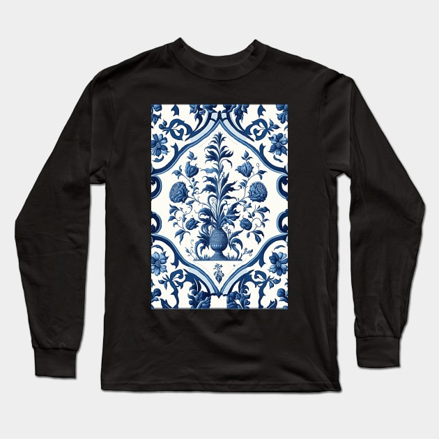 Floral Garden Botanical Print with Delft Blue and White Long Sleeve T-Shirt by FloralFancy